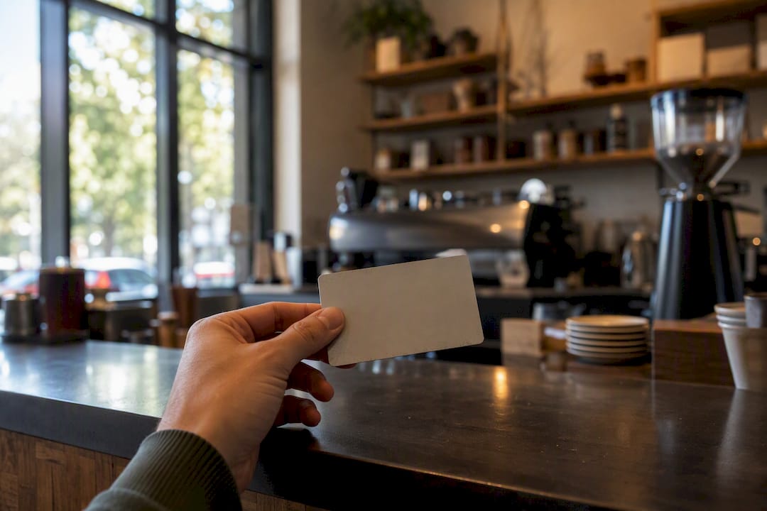 Hand holding generic gift card at retail checkout