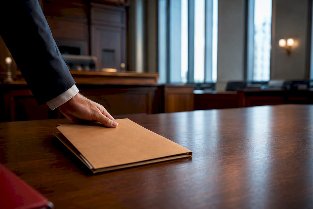 Motion folder on courtroom counsel table