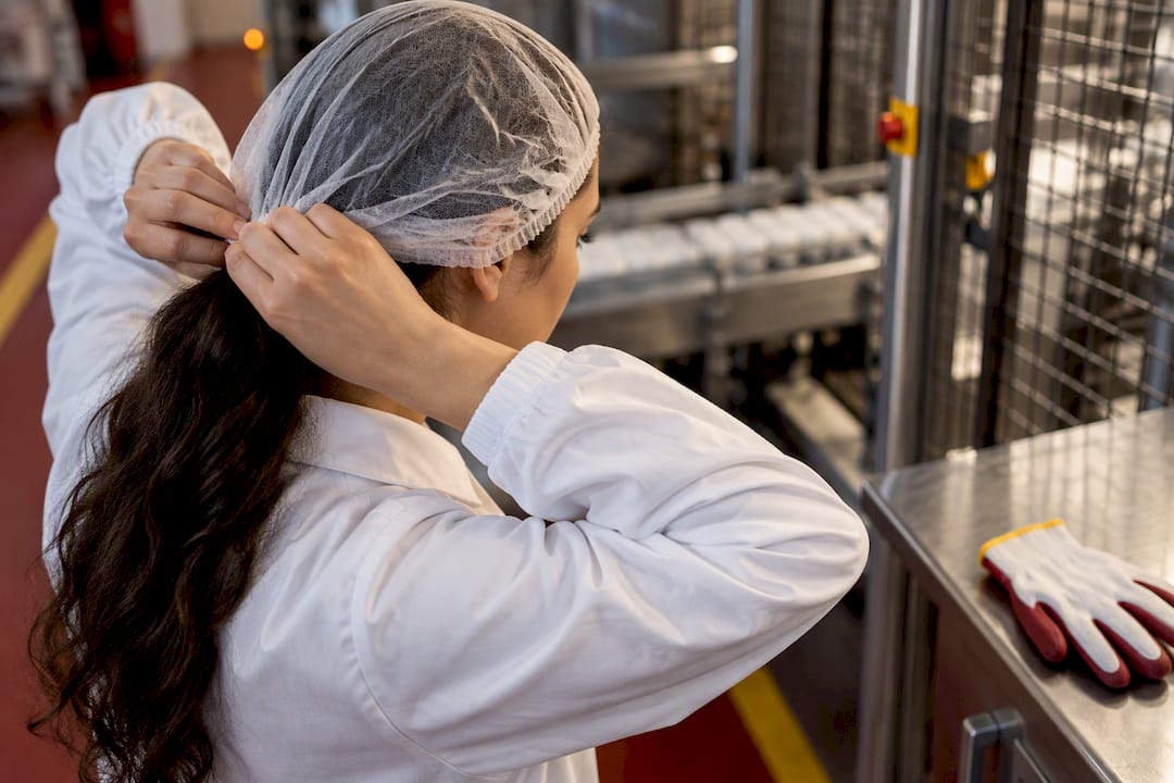 Worker securing hairnet near workplace machinery