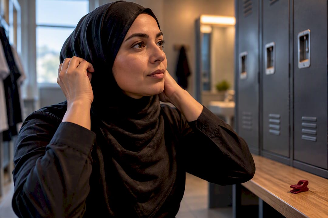Employee adjusting a religious head covering at work