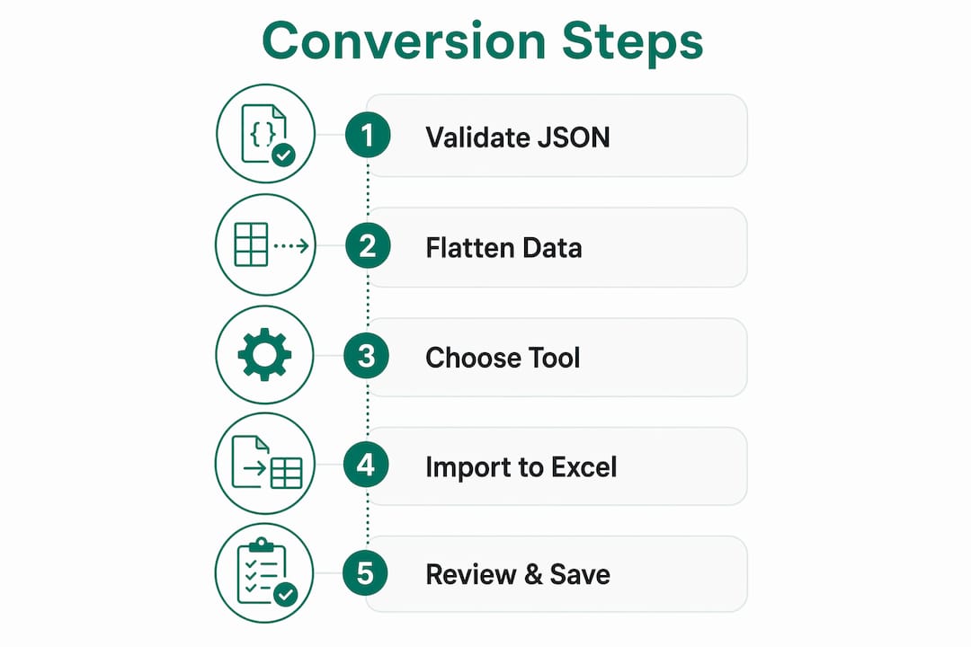 Infographic illustrating steps for JSON to Excel conversion