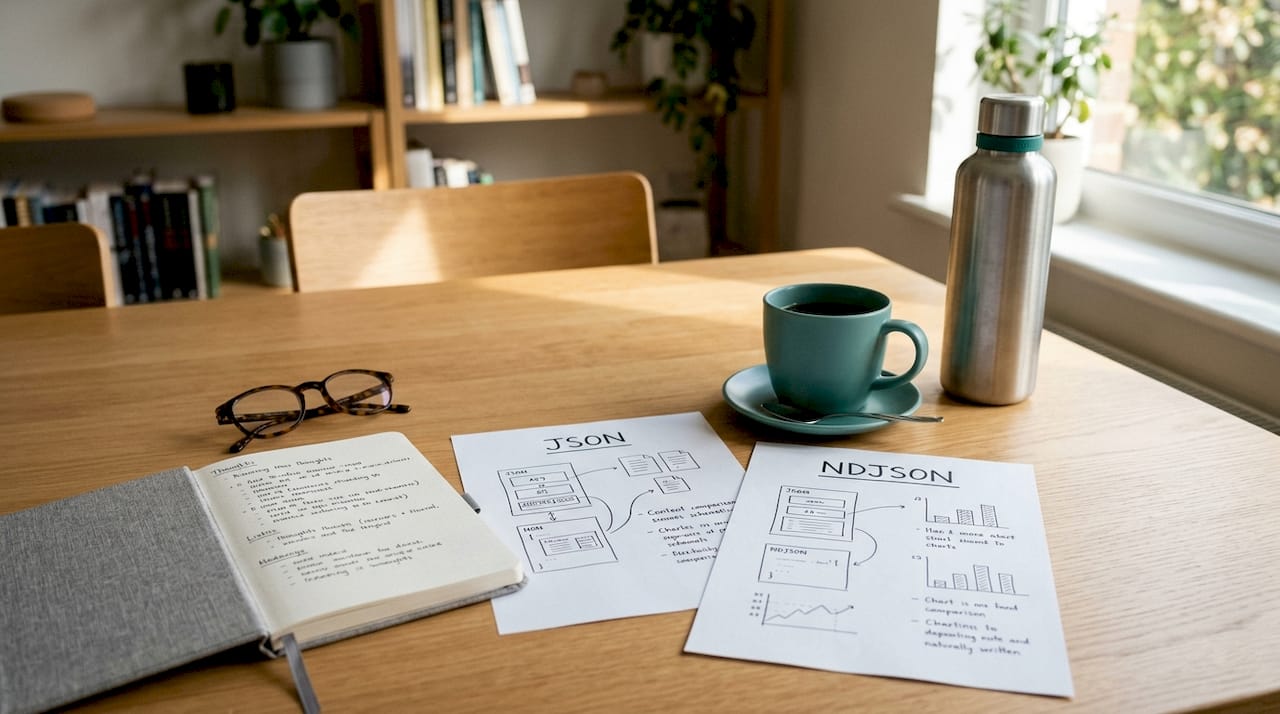 Desk with JSON and NDJSON comparison materials