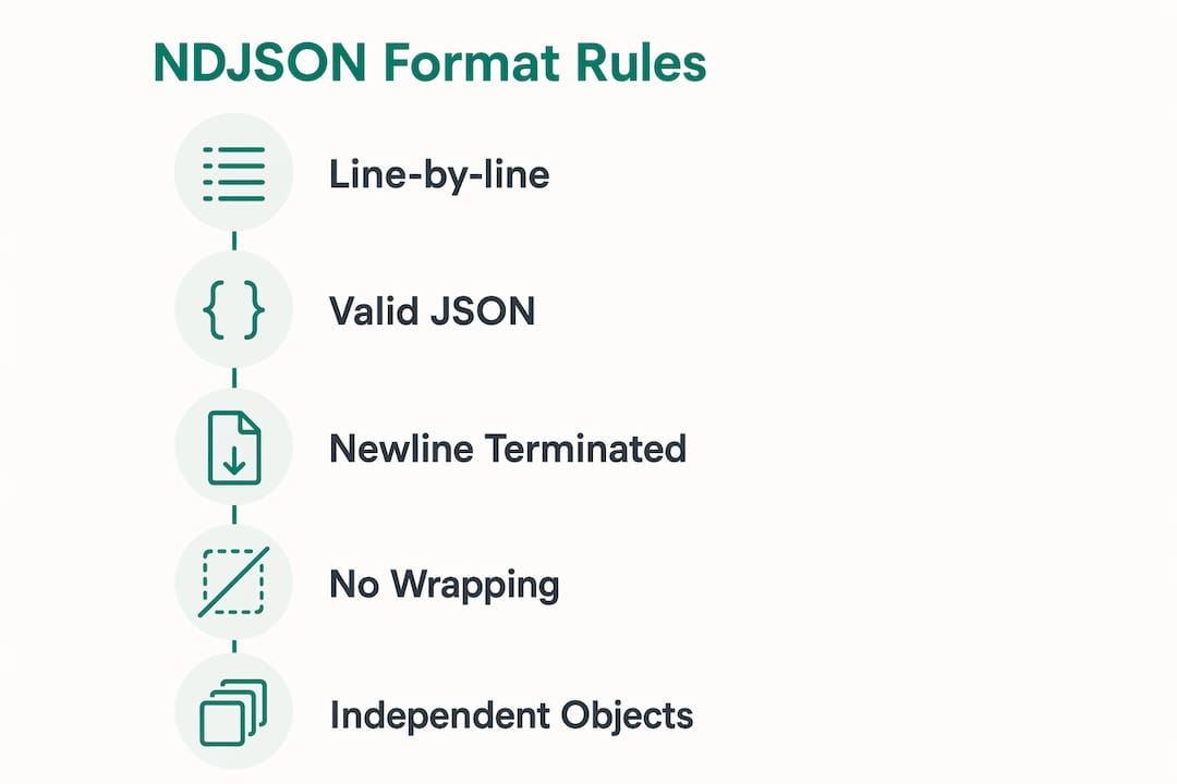 Infographic showing key NDJSON format rules in vertical steps
