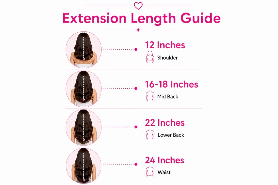 Infographic illustrating hair extension lengths and fall points