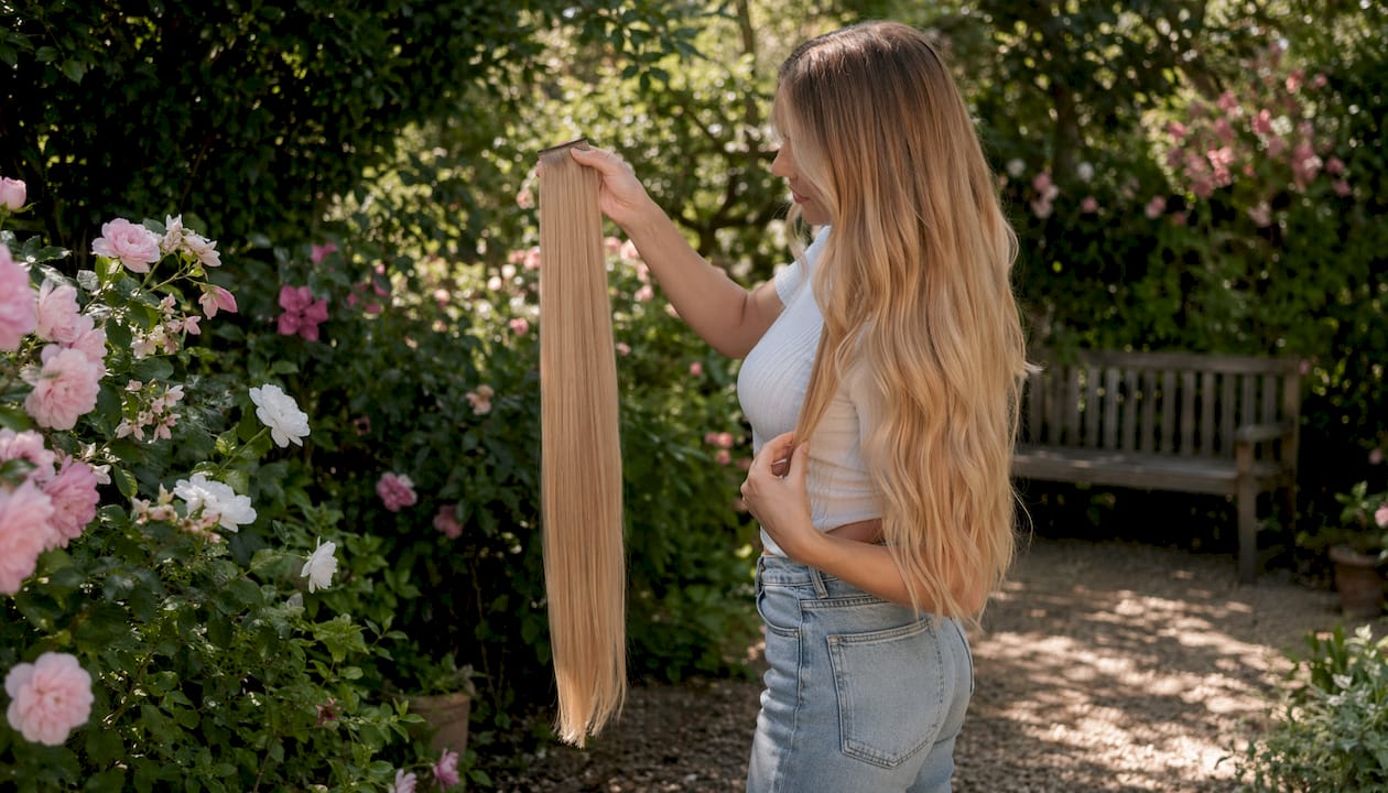 Woman comparing hair extension length in mirror