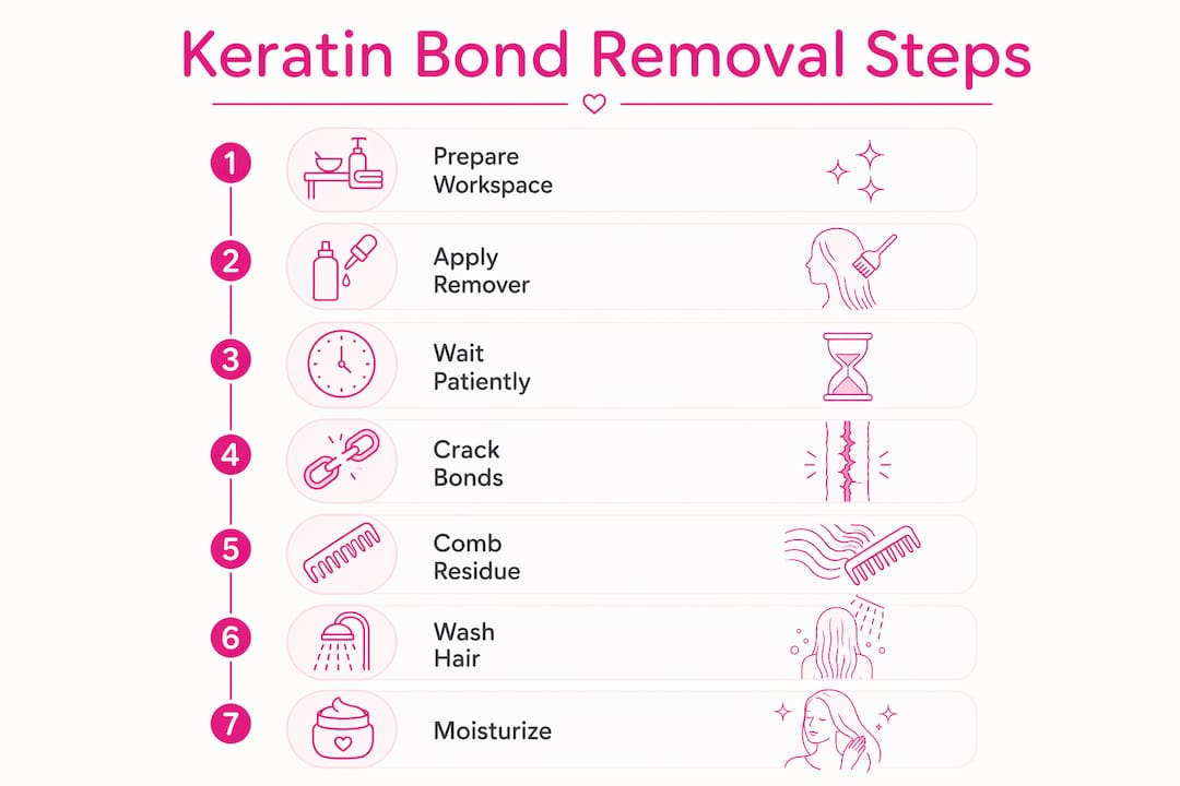 Infographic illustrating step-by-step keratin bond removal process