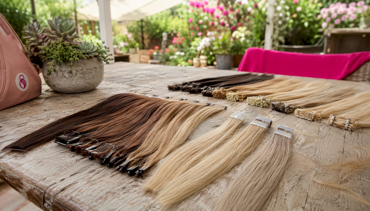 Close-up of different hair extension types