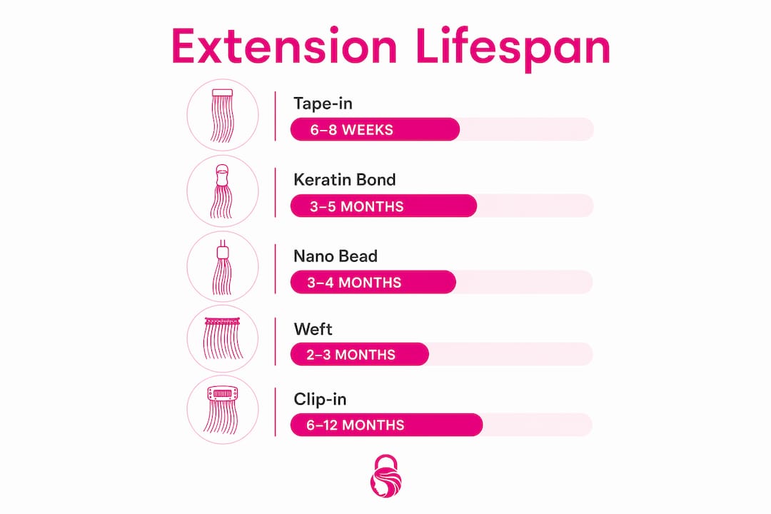 Infographic showing hair extension lifespan stages