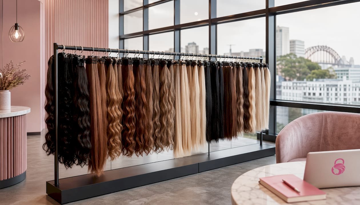 Display of premium hair extension bundles