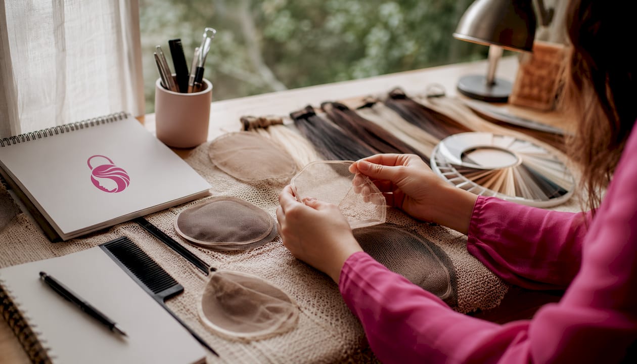 Hands examining hair topper materials and samples