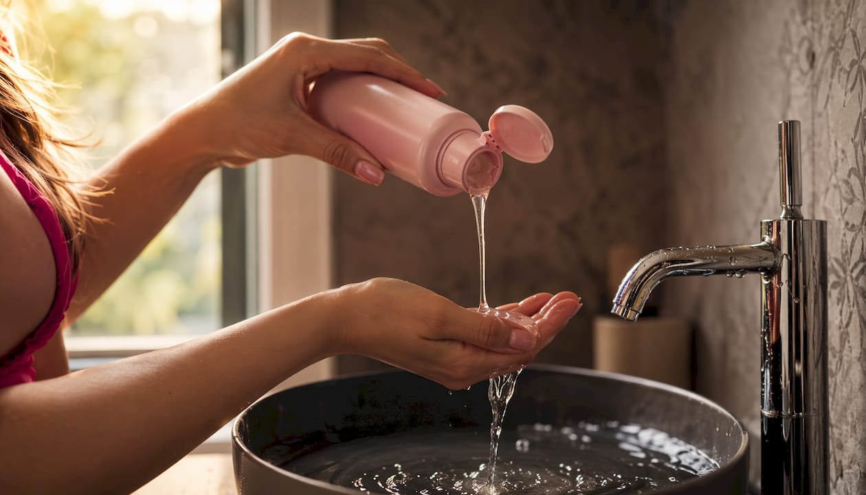 Close-up of hands dispensing extension shampoo