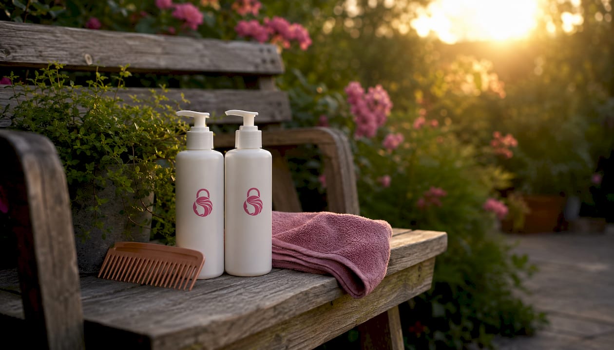 Extension care products arranged on vanity