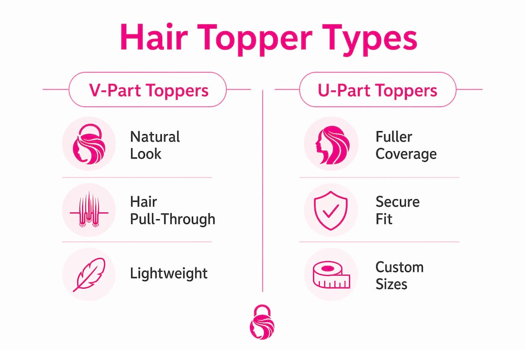 Infographic comparing V-Part and U-Part hair toppers