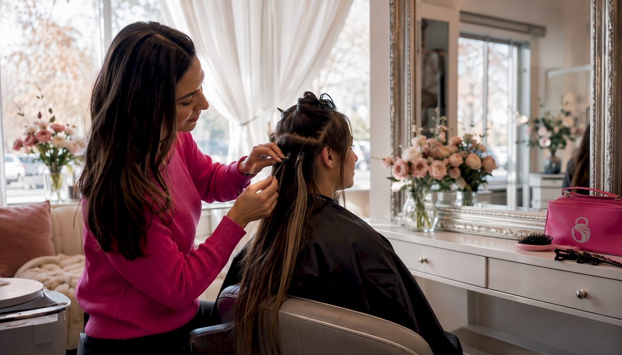 Stylist applying clip-in extensions in salon