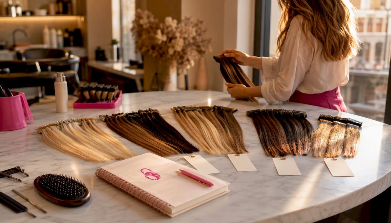 Different weft extension types displayed in salon
