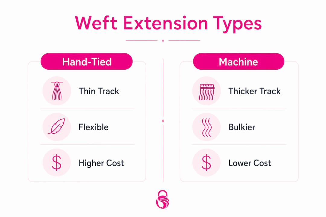 Infographic comparing hand-tied and machine weft extensions