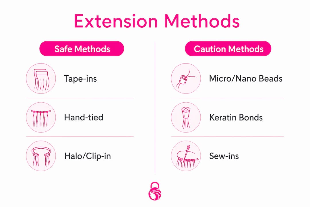 Infographic comparing safe and caution hair extension methods