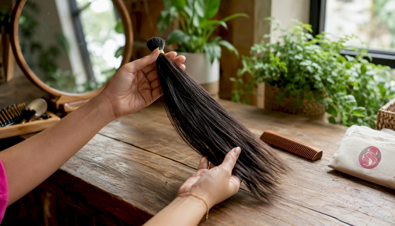 Hands showing tapered ends of single drawn hair bundle