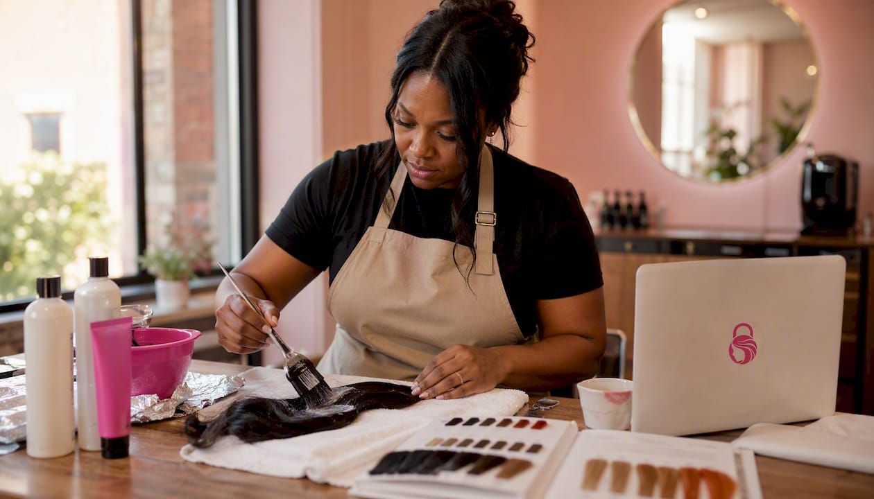 Stylist applying dye on human hair extensions