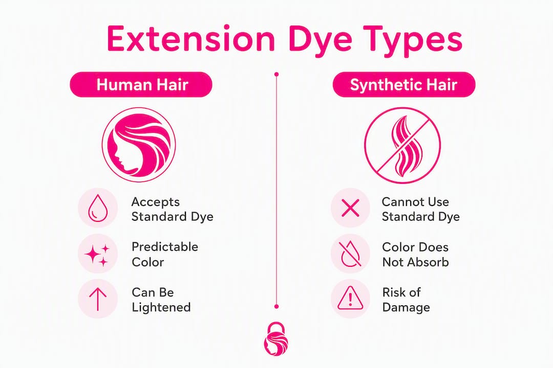 Infographic comparing dye compatibility of human vs synthetic hair extensions