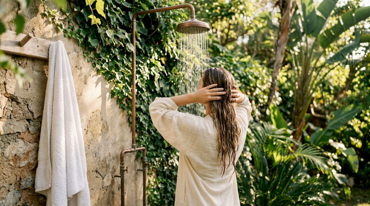 Woman rinsing hair extensions after swimming
