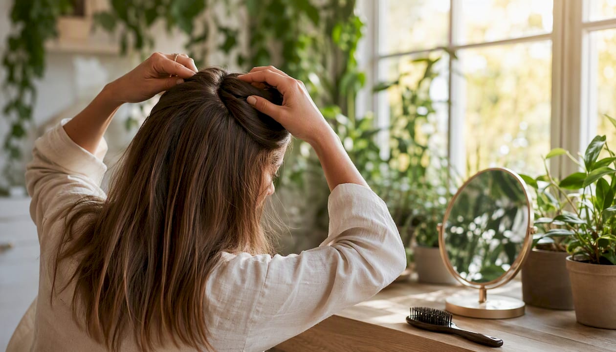 Woman adjusting hair topper for thinning hair
