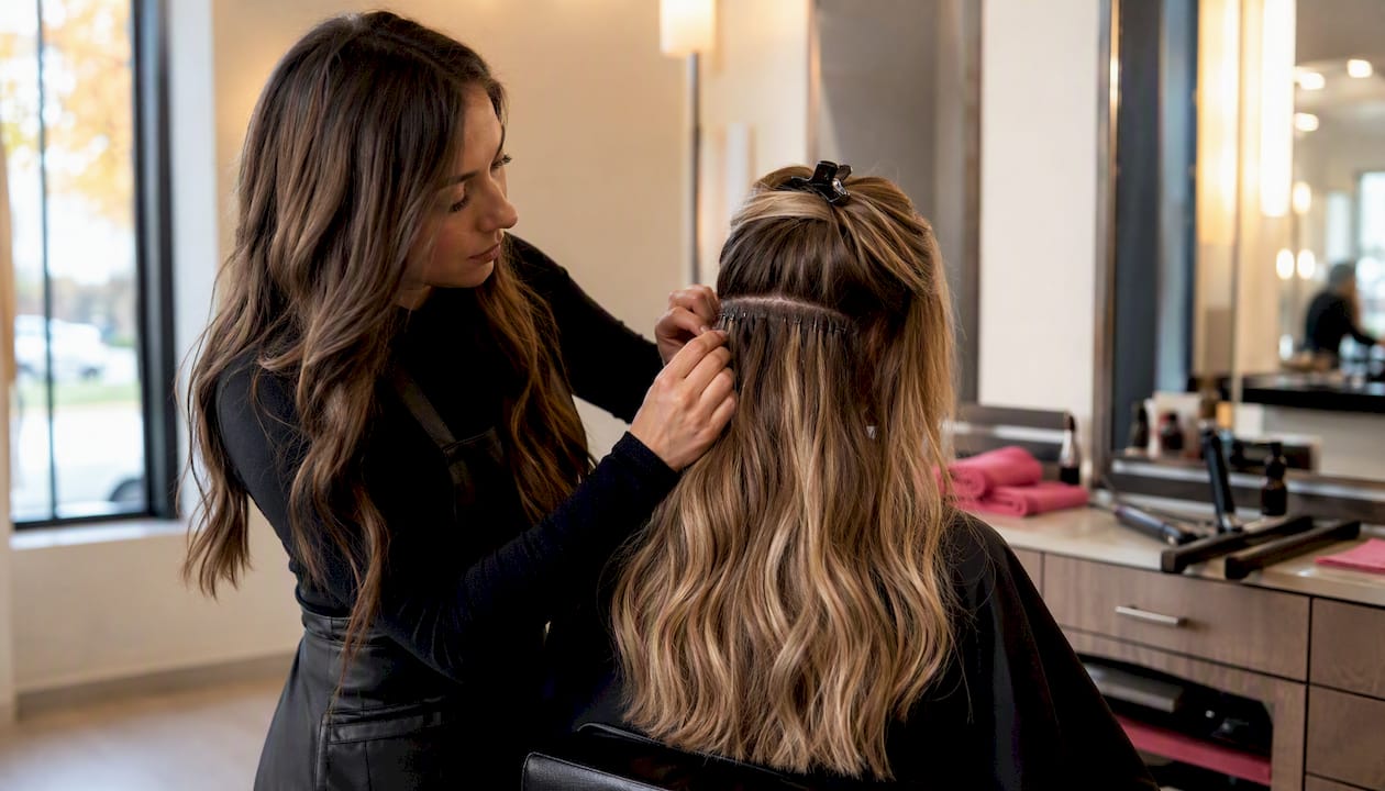Stylist blending Remy hair weft seamlessly