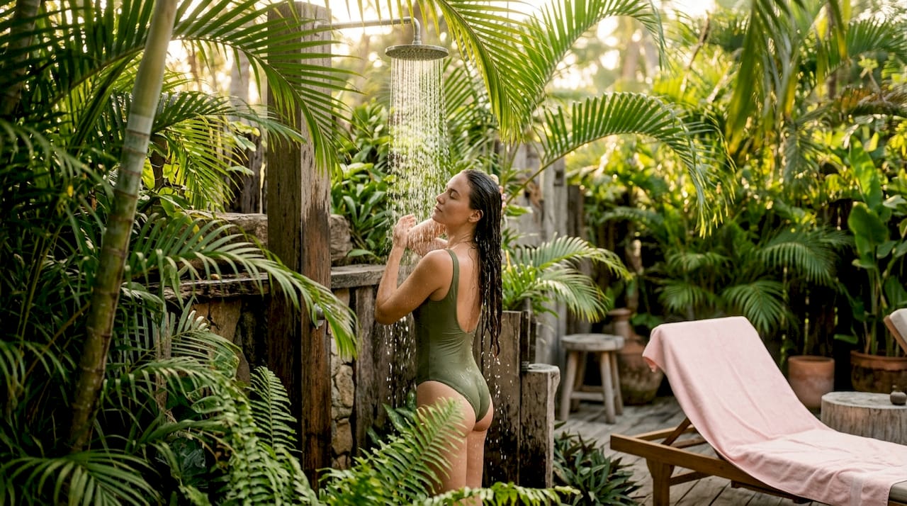 Woman rinsing hair at poolside shower