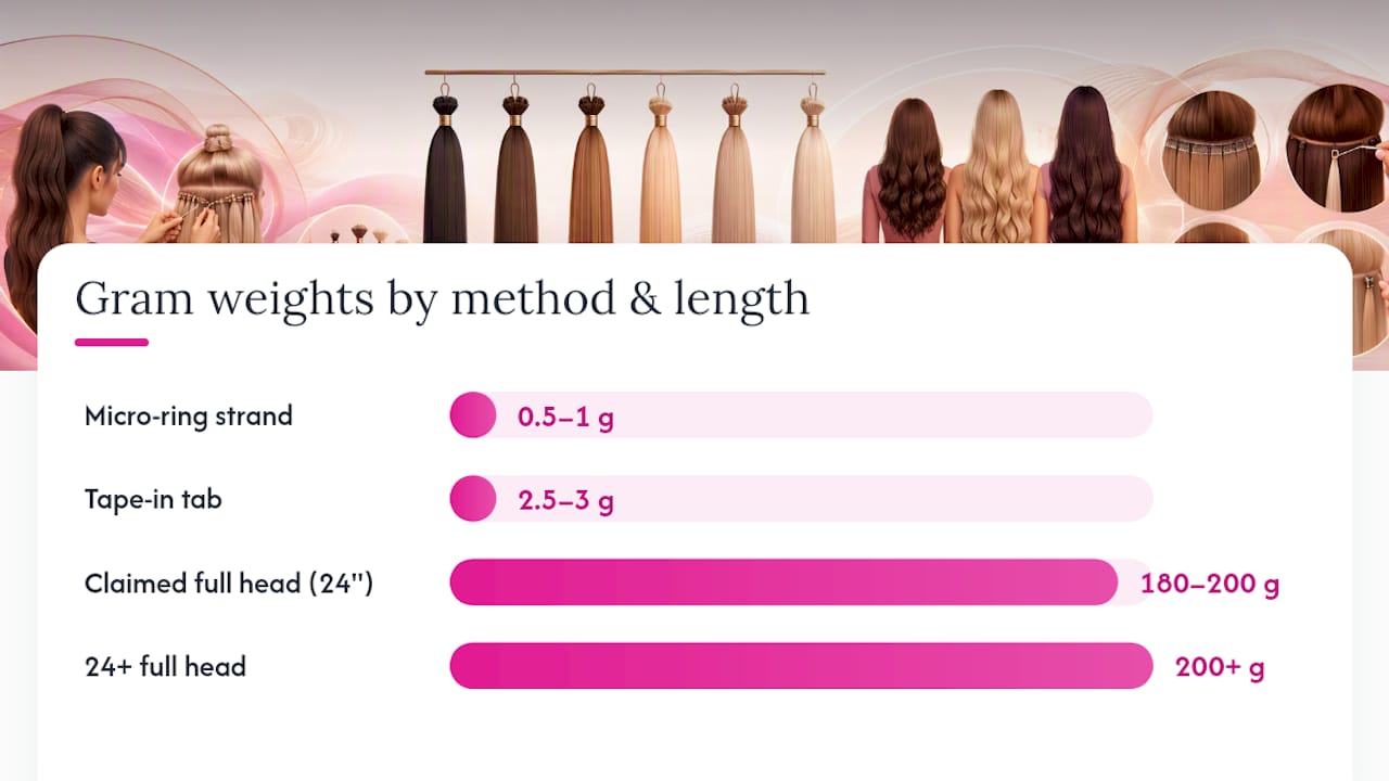 Diagram showing hair extension gram ranges by length and method