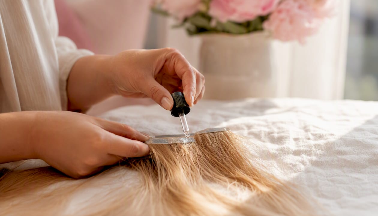 Hands applying adhesive remover on hair extension residue