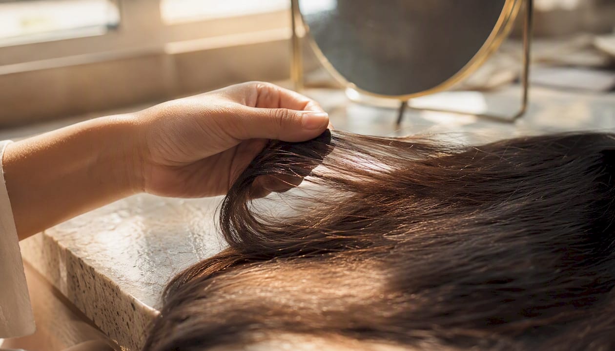 Close-up hand inspecting hair strands texture
