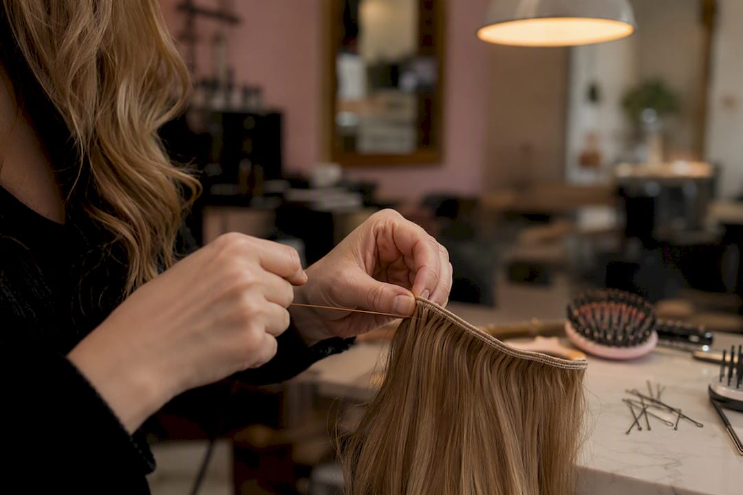 Stylist tying hand-tied hair extension weft