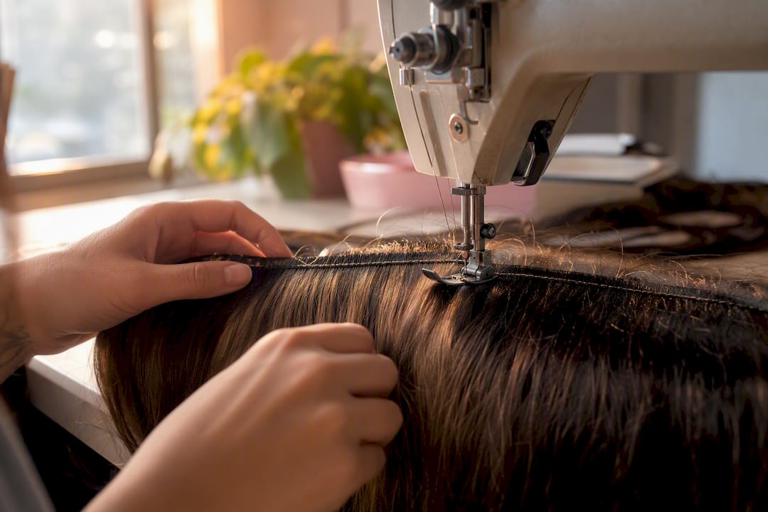 Machine stitching forming hair extension weft