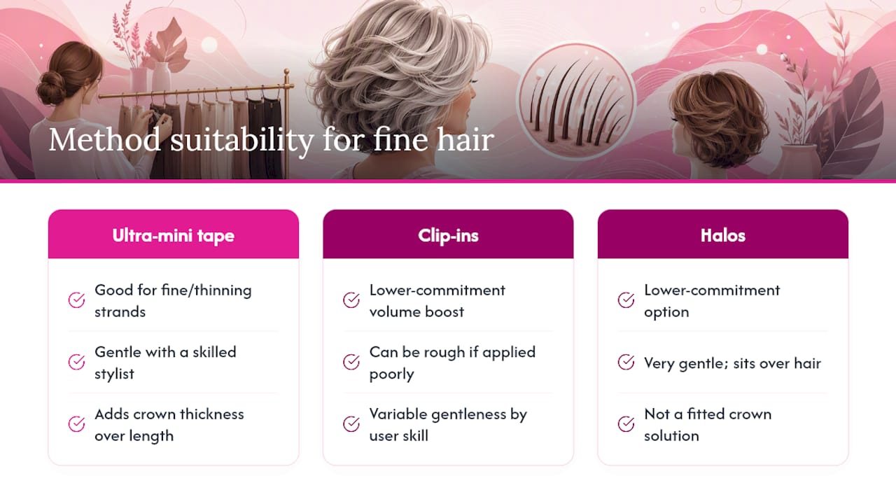 Diagram comparing extension methods by hair and scalp factors