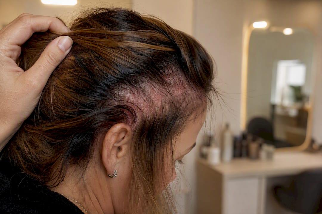 Close-up of scalp irritation from hair extensions