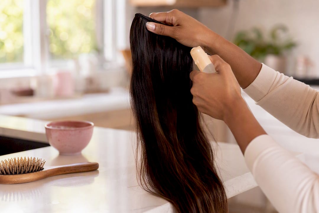 Hands applying leave-in conditioner mist on hair extensions
