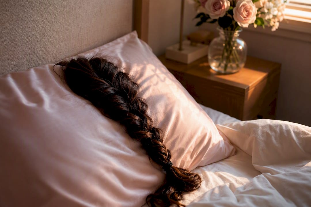 Loose braid resting on silk pillowcase for hair protection
