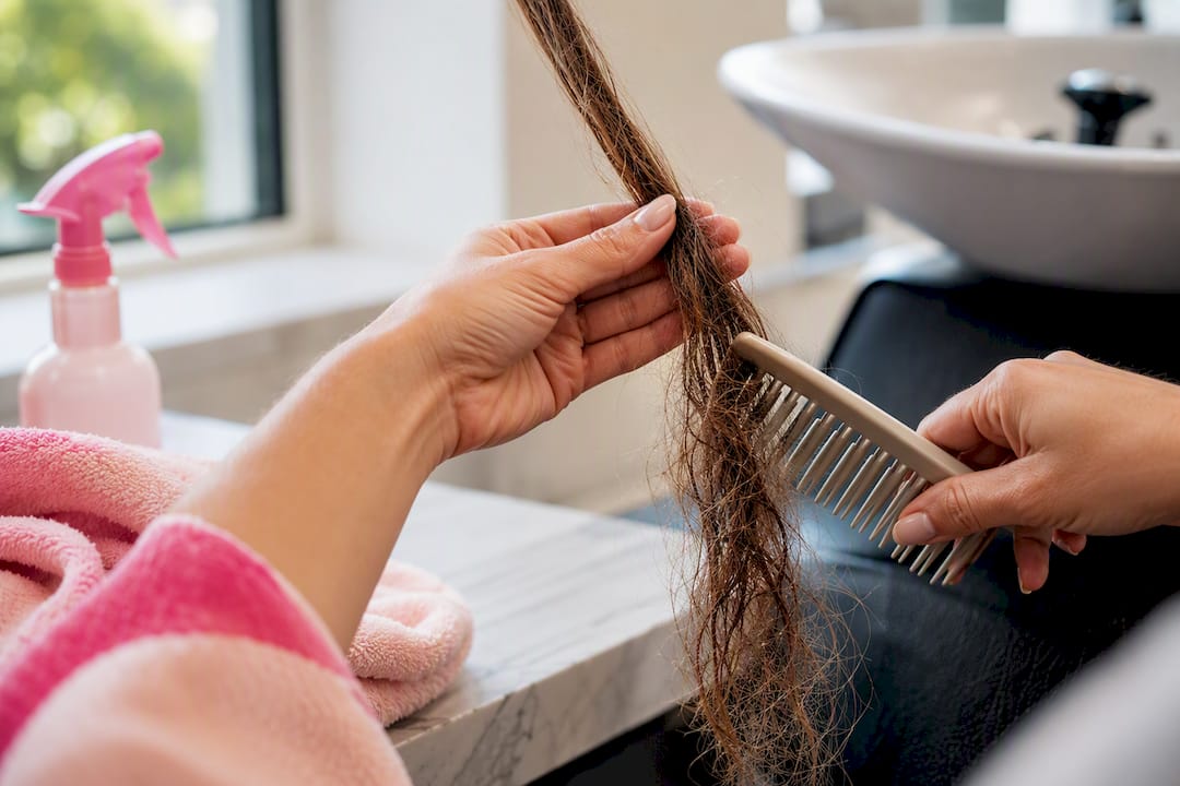 Hands gently detangling a matted hair section