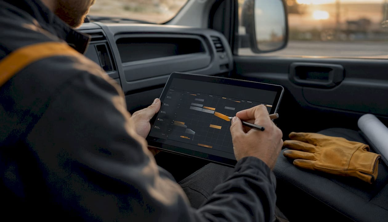 Hands adjusting schedule on tablet in trades van