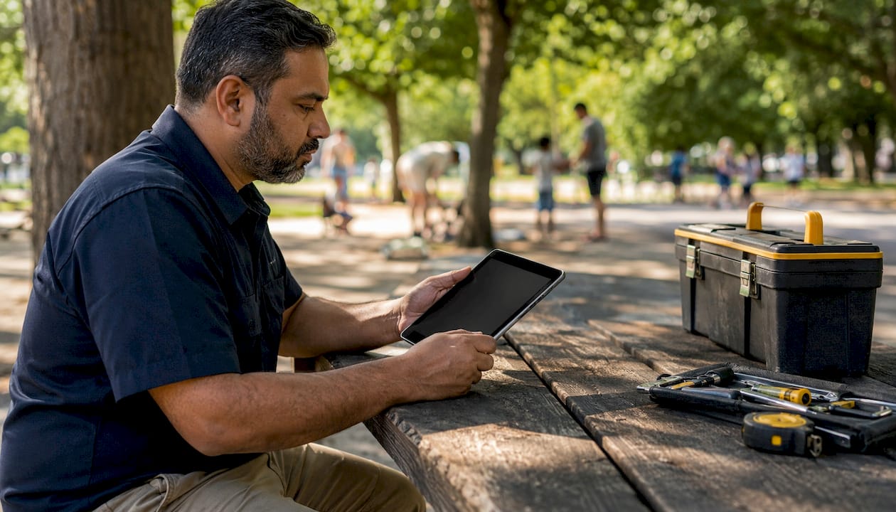 Technician using tablet near service van outdoors