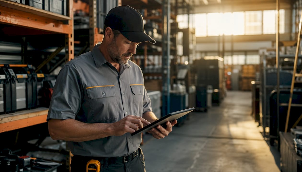 HVAC technician using tablet for AI dispatch