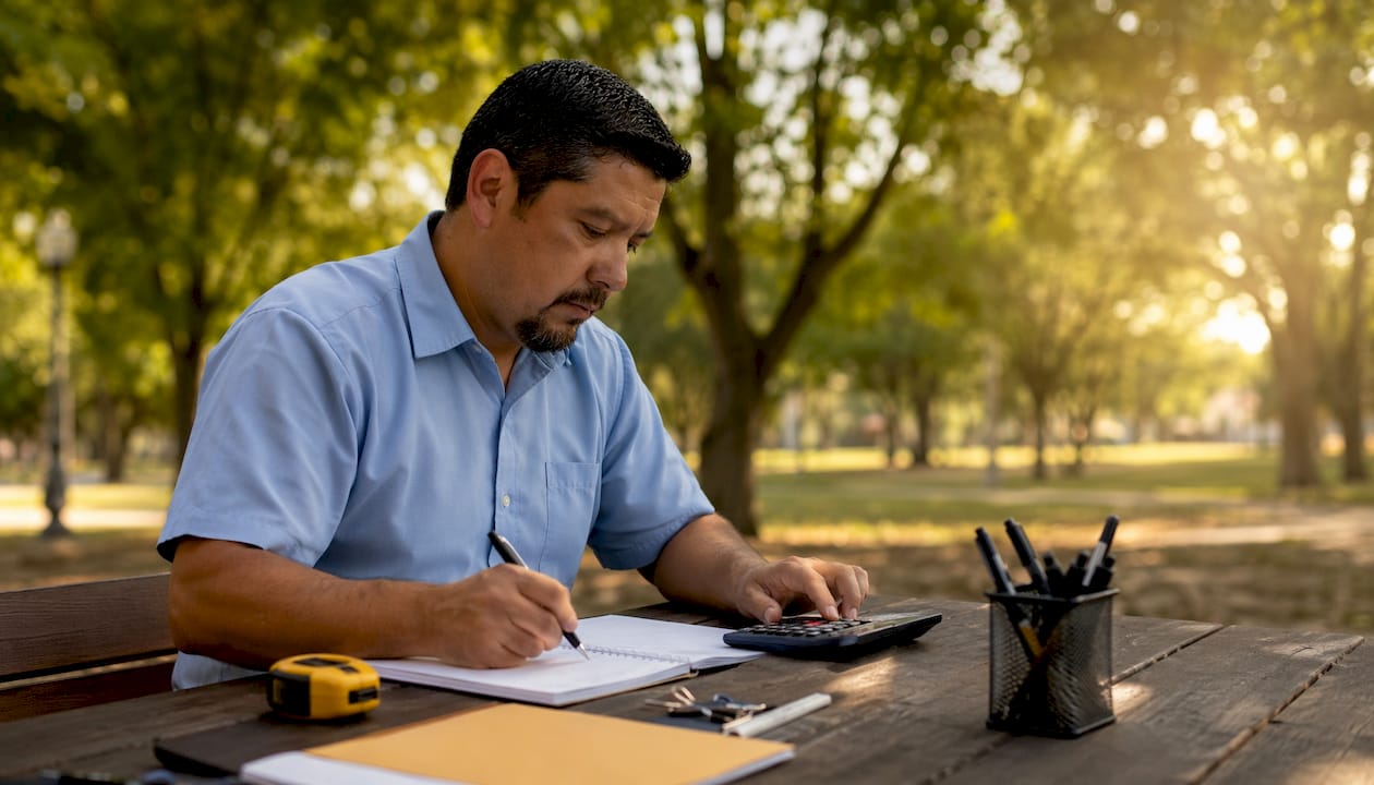 Hands calculating dispatch software ROI on calculator