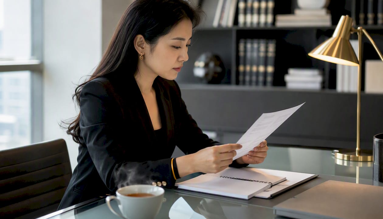 Hands typing near printed invoice on desk