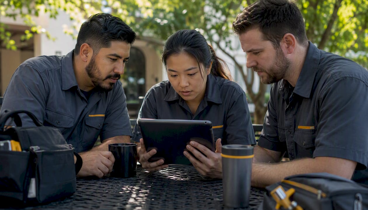Technicians reviewing HVAC dispatch schedules