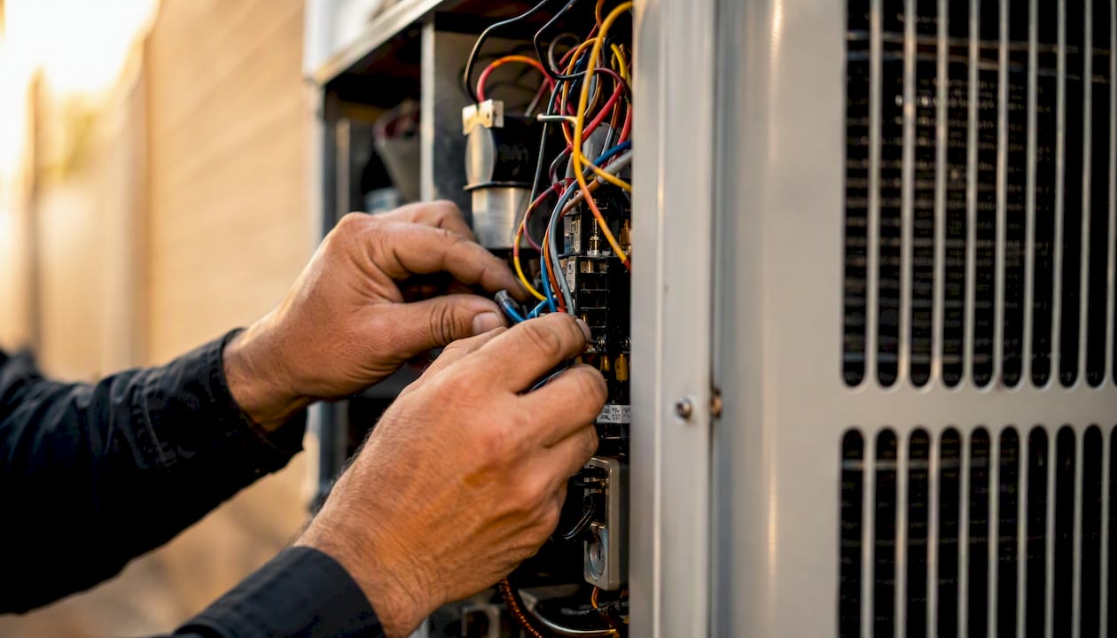 Hands repairing residential HVAC unit