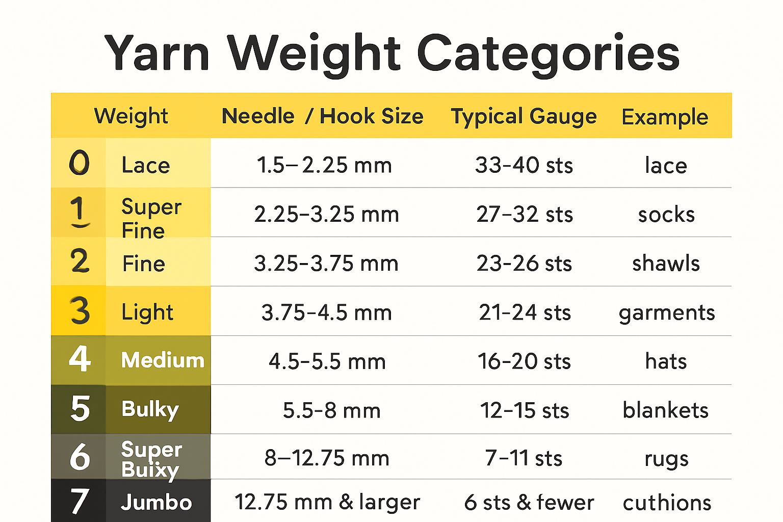 Yarn weight categories and characteristics chart