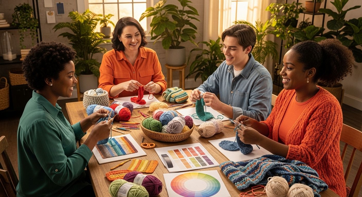 crochet color combinations, group learning, yarn swatches