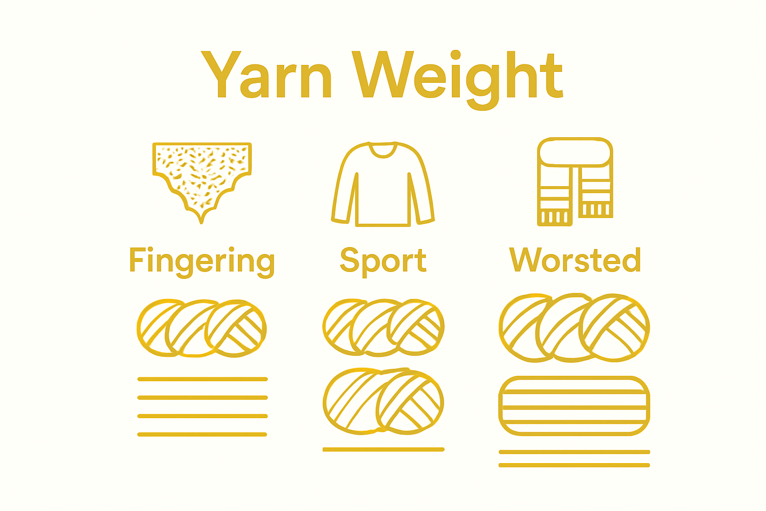 Simple infographic of fingering, sport, and worsted yarns side by side with matching project icons
