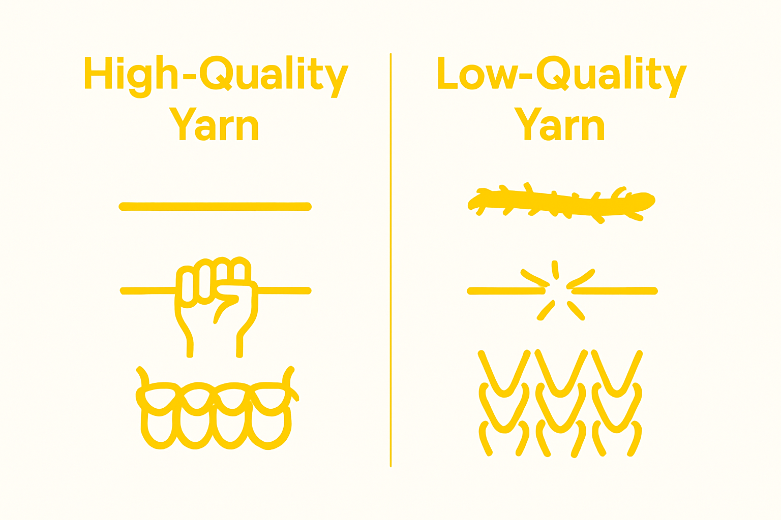 Visual comparison of high-quality versus low-quality yarn characteristics
