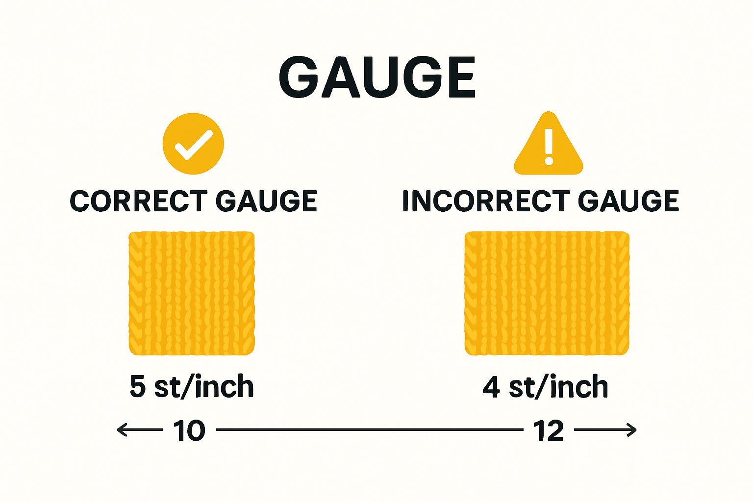 Infographic comparing correct and incorrect yarn gauge swatches